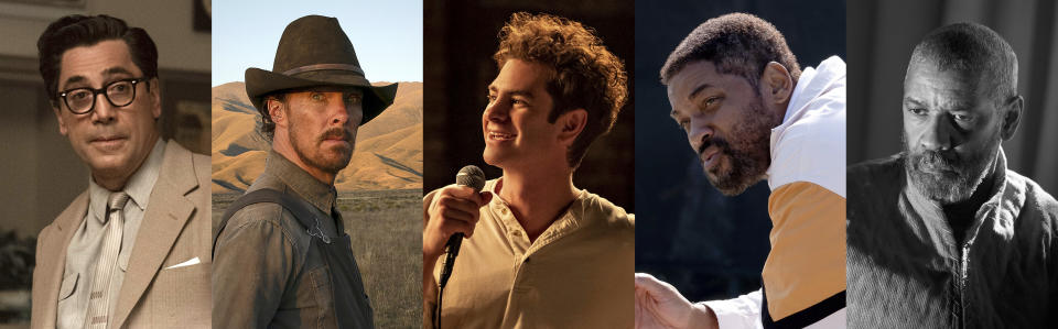 This combination of photos shows Oscar nominees for the best actor category, from left, Javier Bardem in "Being the Ricardos," Benedict Cumberbatch in "The Power of the Dog," Andrew Garfield in "tick, tick...BOOM!," Will Smith in "King Richard," and Denzel Washington in "The Tragedy of Macbeth." (Amazon/Netflix/Netflix/Warner Bros./A24 via AP)