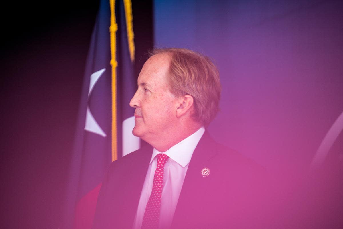 Texas Attorney General Ken Paxton at a news conference at the William P. Clements State Office Building on a pilot program to dispose of medications, especially opioids on Wednesday, Oct. 13, 2022 in Austin, TX. Paxton was joined by a group of former athletes and coaches to make the announcement. (Sergio Flores for The Texas Tribune)of former athletes and coaches to make the announcement.