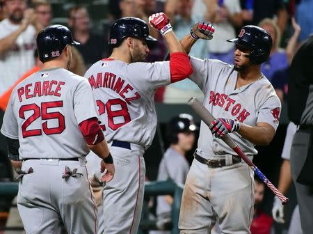 Aug 11, 2018; Baltimore, MD, USA; Boston Red Sox outfielder J.D. Martinez (28) celebrates with shortstop Xander Bogaerts (2) after hitting a home run in the eighth inning against the Baltimore Orioles at Oriole Park at Camden Yards. Mandatory Credit: Evan Habeeb-USA TODAY Sports