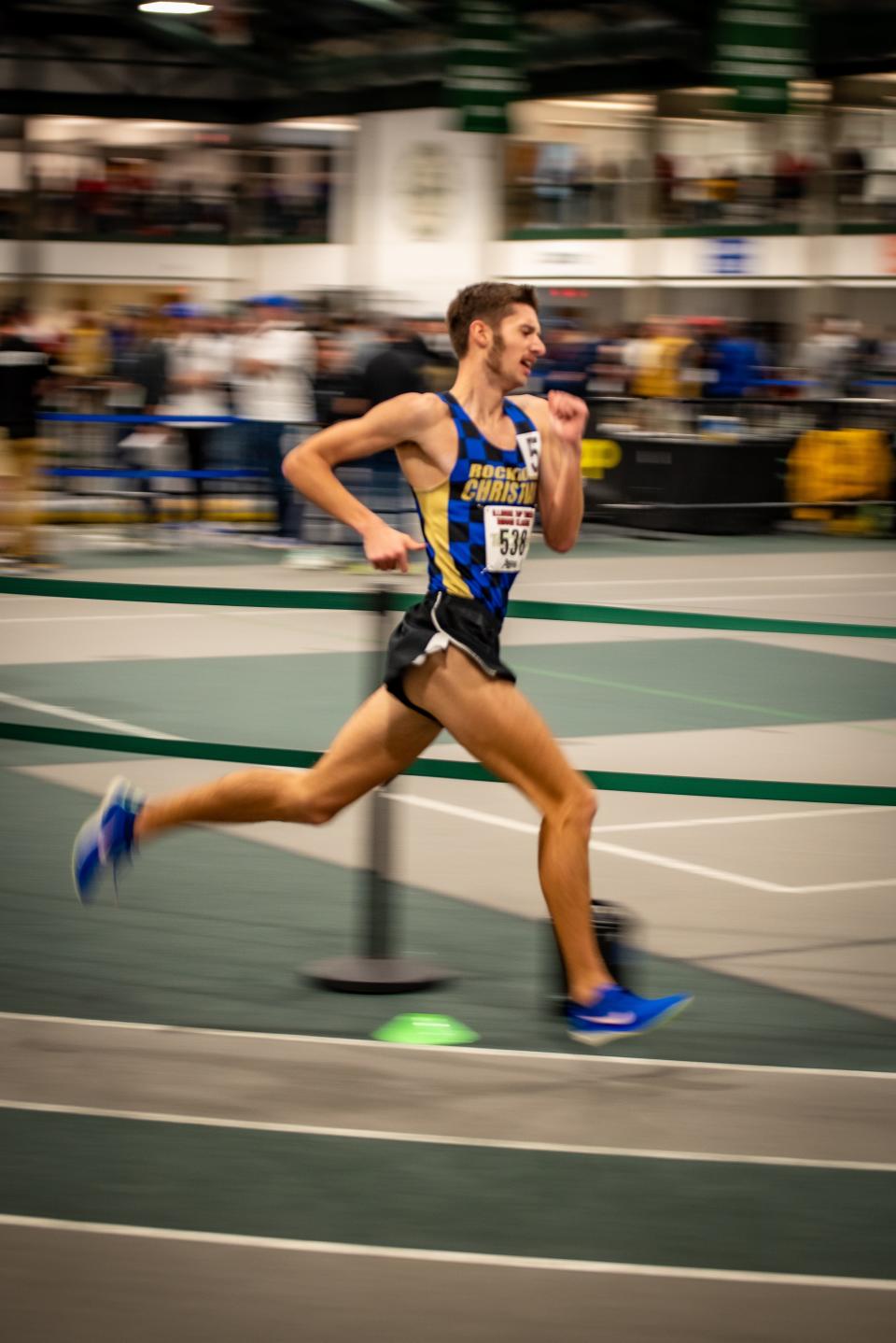 Rockord Christian senior Weston Forward, shown here taking a curve at fast speeds, earned three top-10 finishes at the Illinois Top Times Indoor State Meet in Bloomington on Friday, March 22, 2024.