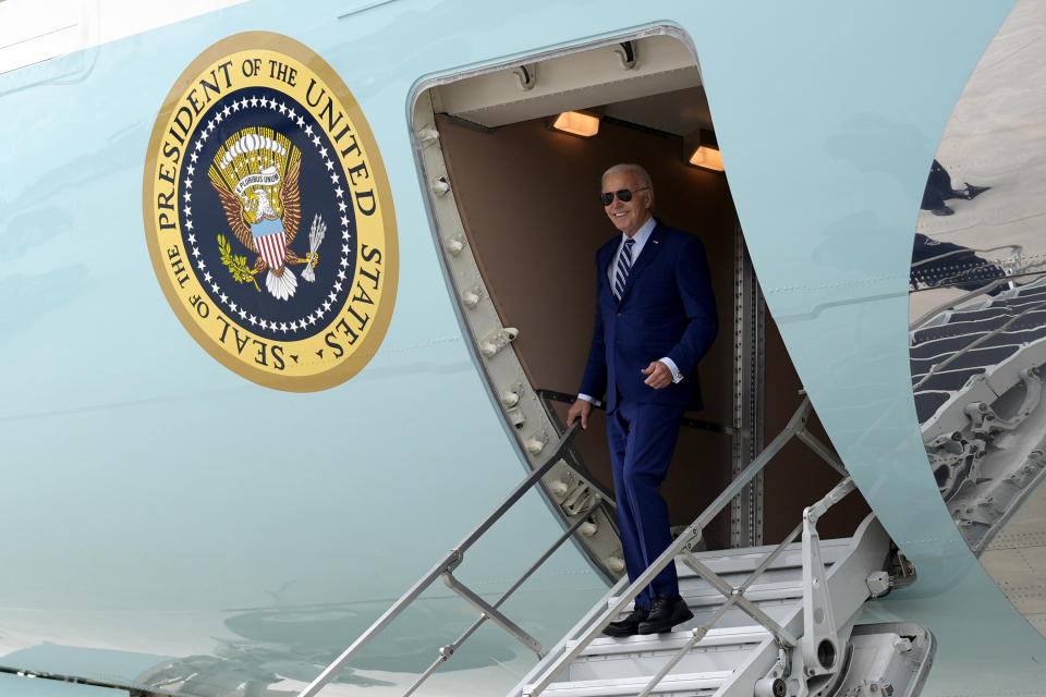 President Joe Biden arrives on Air Force One at Dobbins Air Reserve Base, Thursday, June 27, 2024, in Marietta, Ga., en route to Atlanta to attend the presidential debate. (AP Photo/Evan Vucci)