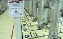 FILE - This file photo released Nov. 5, 2019, by the Atomic Energy Organization of Iran, shows centrifuge machines in the Natanz uranium enrichment facility in central Iran. Negotiations to bring the United States back into a landmark nuclear deal with Iran are set to resume Thursday, April 15, 2021, in Vienna amid signs of progress — but also under the shadow of an attack this week on Iran's main nuclear facility. (Atomic Energy Organization of Iran via AP, File)