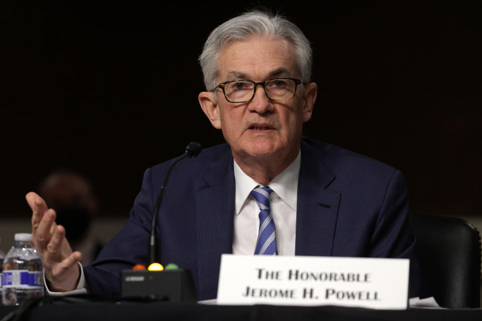 WASHINGTON, DC - NOVEMBER 30:  Federal Reserve Board Chairman Jerome Powell testifies during a hearing before Senate Banking, Housing and Urban Affairs Committee on Capitol Hill November 30, 2021 in Washington, DC. The committee held a hearing on 