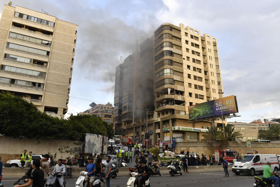 BEIRUT, LEBANON - OCTOBER 01: Smoke rises from the buildings hit by the Israeli army near Al-Zahra Hospital in the Bir Hasan district of Beirut, Lebanon on October 01, 2024. (Photo by Houssam Shbaro/Anadolu via Getty Images)