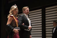 King Willem-Alexander of the Netherlands and his wife Queen Maxima of the Netherlands arrive at the Imperial Palace for the Court Banquets after the enthronement ceremony of Emperor Naruhito in Tokyo Tuesday, Oct. 22, 2019. (Pierre-Emmanuel Deletree/Pool Photo via AP)