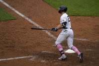 New York Yankees' Giancarlo Stanton looks after his walkoff single during the ninth inning of a baseball game against the Washington Nationals at Yankee Stadium, Sunday, May 9, 2021, in New York. (AP Photo/Seth Wenig)