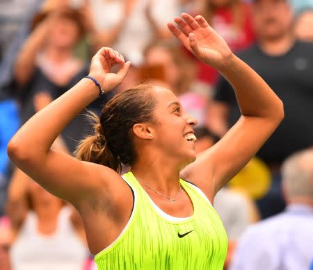 Sept 2, 2016; New York, NY, USA; Madison Keys of the United States reacts after beating Naomi Osaka of Japan on day five of the 2016 U.S. Open tennis tournament at USTA Billie Jean King National Tennis Center. Robert Deutsch-USA TODAY Sports