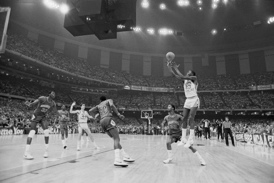 air jordan 1 history, University of North Carolina basketball player Michael Jordan shoots the winning basket in the 1982 NCAA Finals against Georgetown University.
