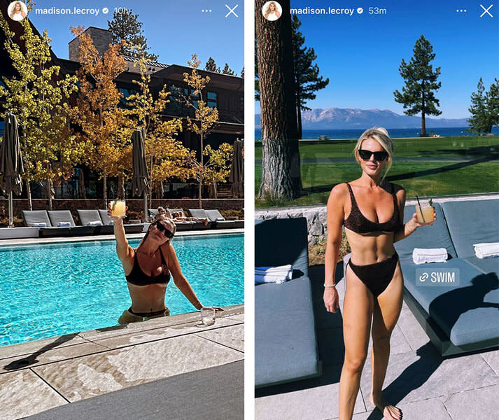 A split of Madison LeCroy in a sparkly, brown, bikini in the pool and by the poolside holding a drink.