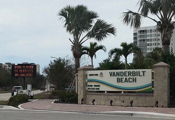 Road leading to Vanderbilt Beach, Delnor Wiggins State Park and other Collier County venues remained closed Friday afternoon Oct. 14, 2022 in Hurricane Ian's aftermath. Donations are being accepted at delnorwiggins.org to help pay for the wrecked Wiggins' restoration, which officials say will take one to two years.