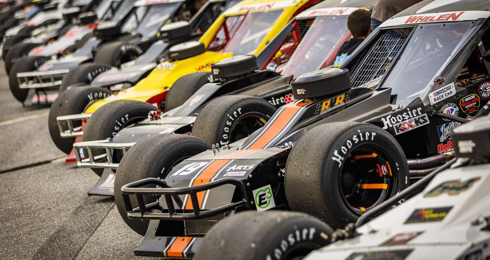 Cars line up during the Thompson 150 for the NASCAR Whelen Modified Tour at Thompson Speedway Motorsports Park on August 16, 2023 in Thompson, Connecticut. (Adam Glanzman/NASCAR)