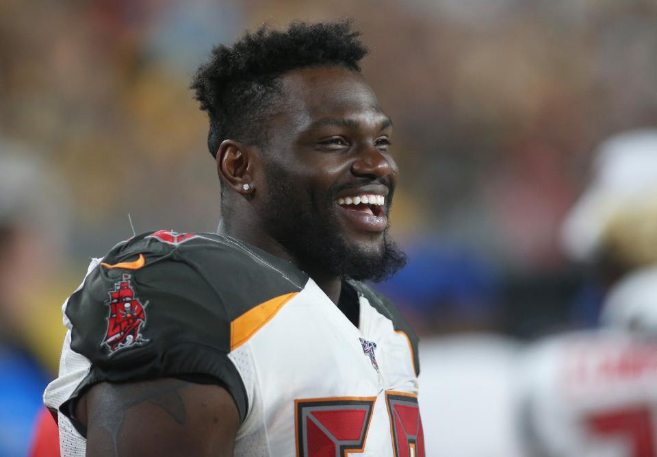 Aug 9, 2019; Pittsburgh, PA, USA; Tampa Bay Buccaneers linebacker Shaquil Barrett (58) reacts on the sidelines against the Pittsburgh Steelers during the third quarter at Heinz Field. The Steelers won 30-28. Mandatory Credit: Charles LeClaire-USA TODAY Sports