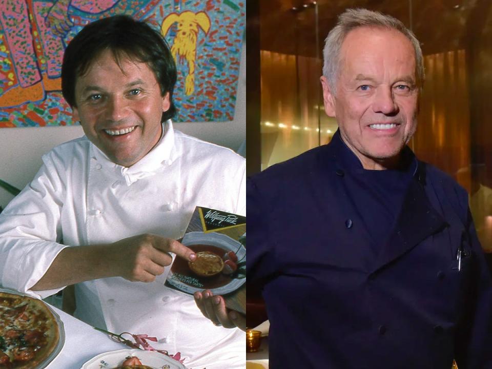 On the left, Wolfgang Puck in a white chef's outfit holding a boxed meal. On the right, him in a blue chef's outfit.