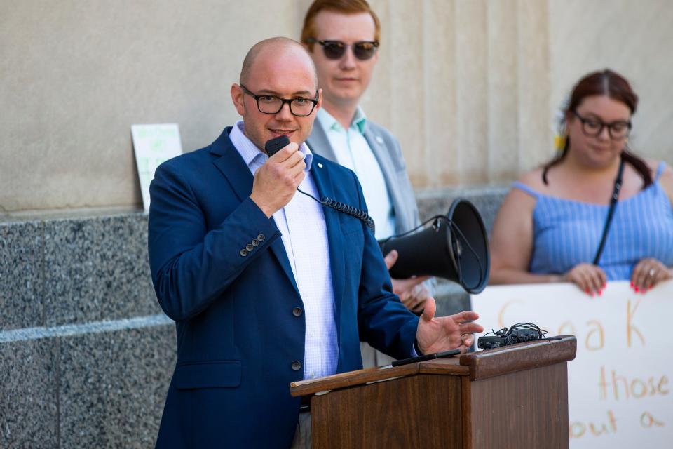 State Rep. Jake Teshka addresses the crowd Monday during the Hoosier Conservative Voices rally celebrating overturning Roe v. Wade near the Robert A. Grant Federal Building & U.S. Courthouse in downtown South Bend.