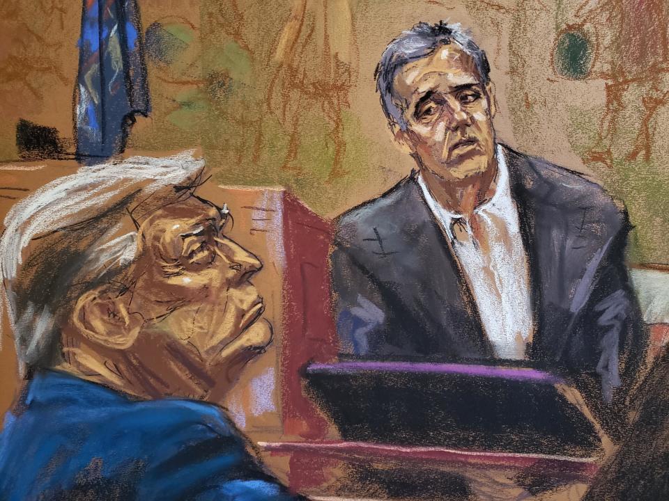 A courtroom sketch showing former President Donald Trump listening to testimony by his former attorney Michael Cohen on Oct. 24, 2023. / Credit: Jane Rosenberg