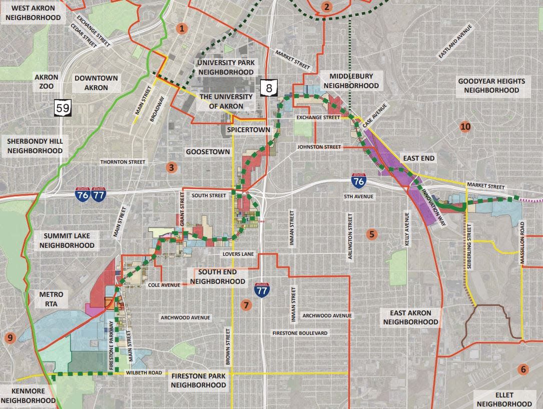 This map prepared for the city of Akron by engineering consultant GPD Group shows the proposed Rubber City Heritage Trail, depicted by the green dashed line, and the west end of the Freedom Trail, not yet completed in University Park, which is depicted at the top of the map by the black dashed line. Both trails would connect with the Towpath Trail, shown by the green line on the left side of the map.