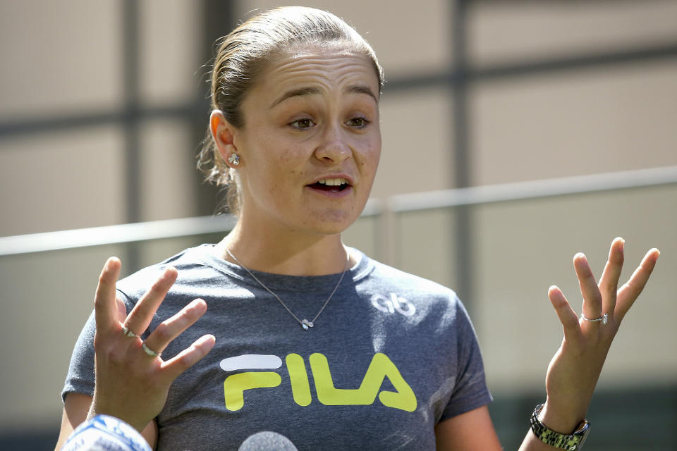 Ash Barty of Australia gestures during a press conference in Brisbane, Australia, Thursday, March 24, 2022. In a shock announcement Wednesday March 23, 2022, No. 1-ranked Barty announced her retirement from tennis. (Jono Searle/AAPImage via AP)