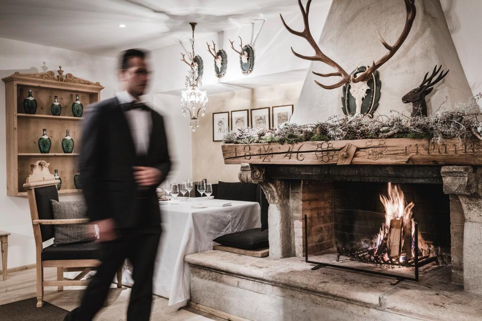 The dinning room at St. Hubertus in Hotel Rosa Alpina