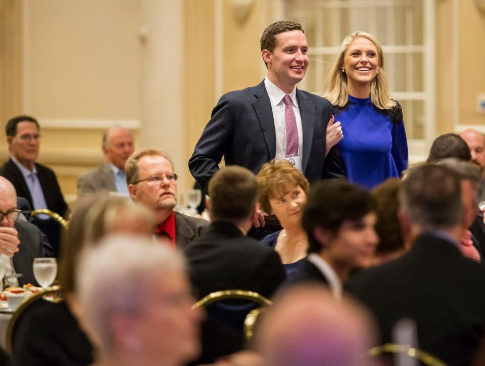 Former St. Mark's baseball player Mark Romanczuk is escorted to the head table during the Delaware Sports Hall of Fame Induction ceremony at the Chase Center on the Riverfront in 2016.