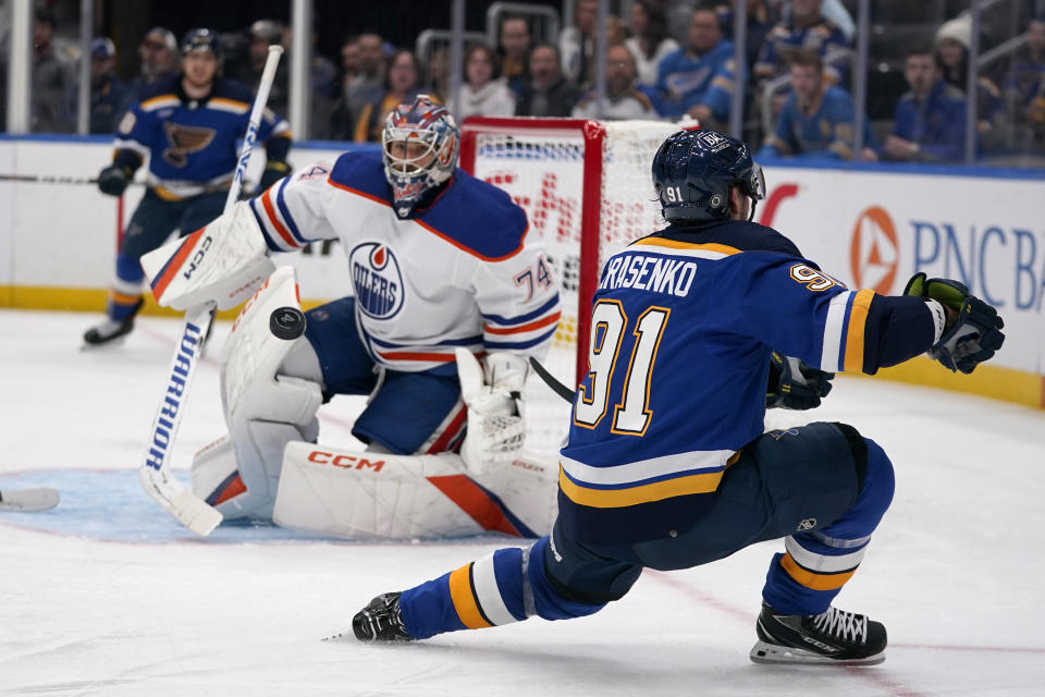 St. Louis Blues' Vladimir Tarasenko (91) is unable to get off a shot as Edmonton Oilers goaltender Stuart Skinner (74) defends during the second period of an NHL hockey game Wednesday, Oct. 26, 2022, in St. Louis. (AP Photo/Jeff Roberson)