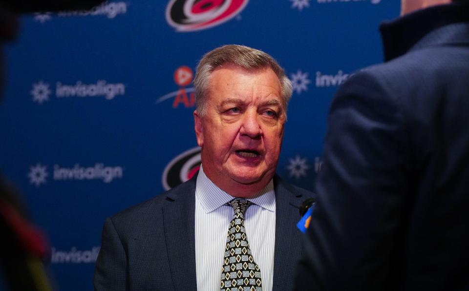 Jan 11, 2024; Raleigh, North Carolina, USA; Carolina Hurricanes general manger Don Waddell talks to the press between the 1st and 2nd period against the Anaheim Ducks at PNC Arena. Mandatory Credit: James Guillory-USA TODAY Sports