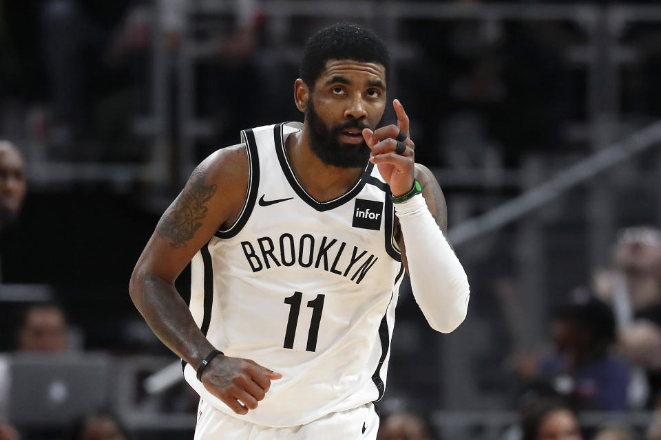 Kyrie Irving's maligned season in Brooklyn hit a high note on Saturday. (AP Photo/Paul Sancya)