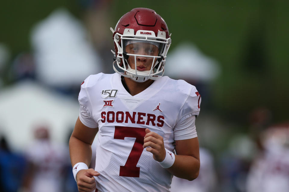 LAWRENCE, KS - OCTOBER 05: Oklahoma Sooners quarterback Spencer Rattler (7) before a Big 12 football game between the Oklahoma Sooners and Kansas Jayhawks on October 5, 2019 at Memorial Stadium in Lawrence, KS. (Photo by Scott Winters/Icon Sportswire via Getty Images)