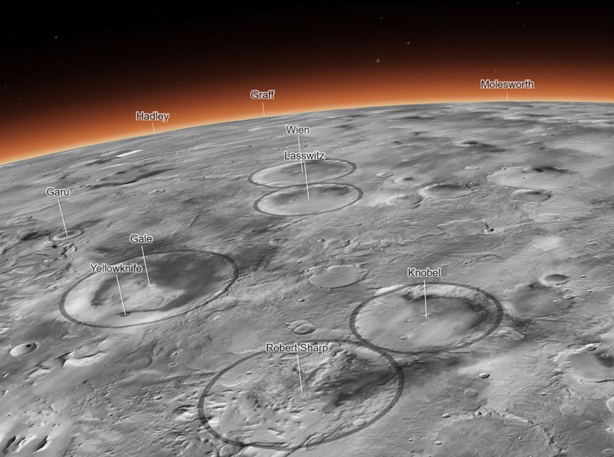  A map of impact craters on Mars created from images taken by NASA's Mars Reconnaissance Orbiter. 