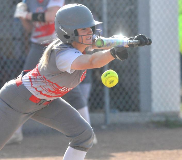 Canandaigua's Kassidy Craft tries to put a bunt down during Tuesday's Class A1 game against Bishop Kearney.