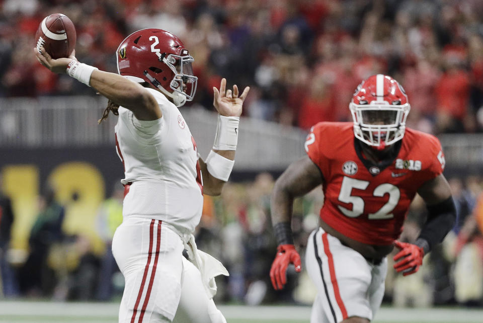 Alabama quarterback Jalen Hurts throws during the first half of the NCAA college football playoff championship game against Georgia Monday, Jan. 8, 2018, in Atlanta. (AP)