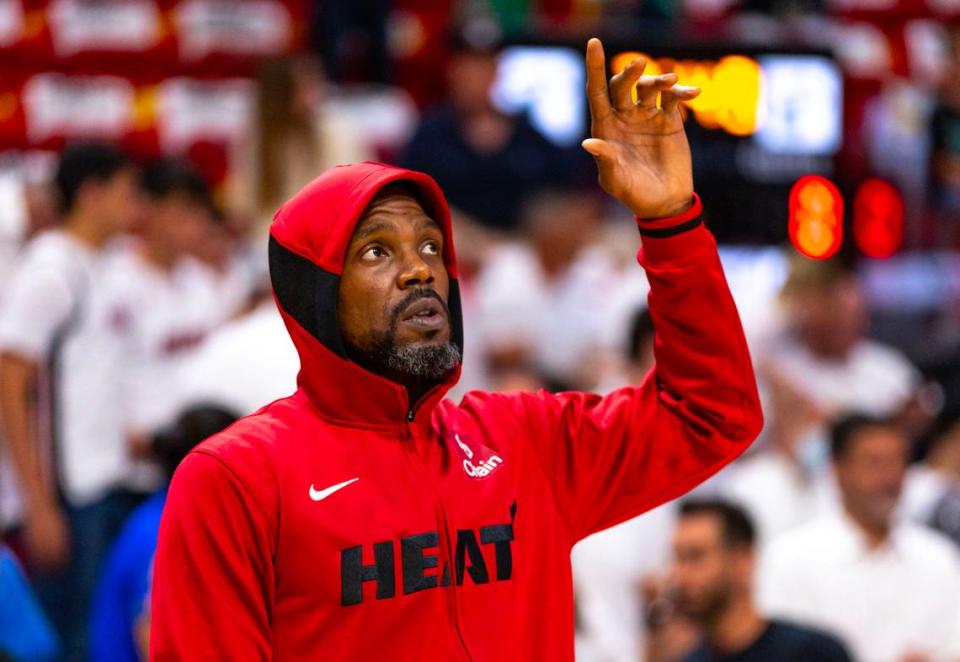 Miami Heat forward Udonis Haslem (40) reacts during warm ups before the start of Game 3 of the NBA Eastern Conference Finals series against the Boston Celtics at Kaseya Center in Miami, Florida, on May 21, 2023.