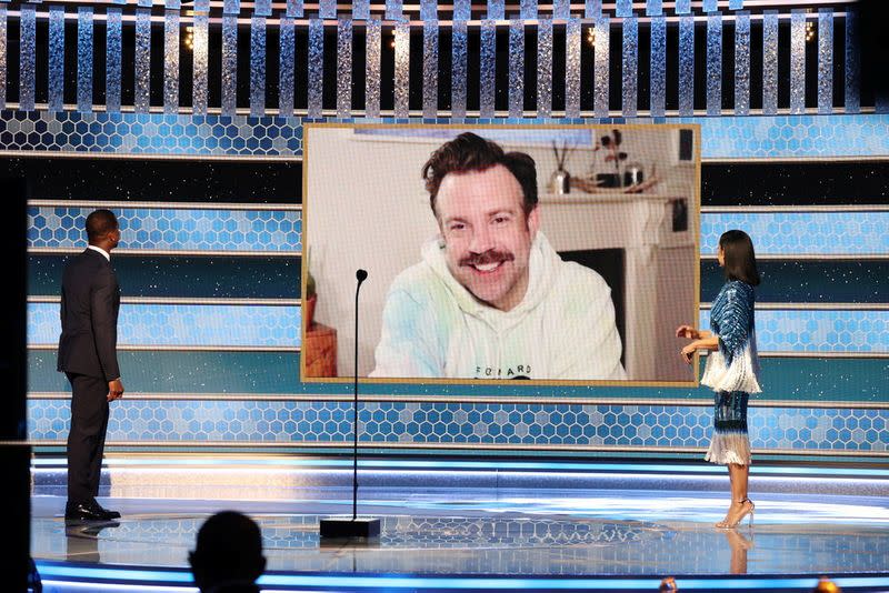 Jason Sudeikis accepts the Best Television Actor - Musical/Comedy Series award for "Ted Lasso" in this handout photo from the 78th Annual Golden Globe Awards in Beverly Hills