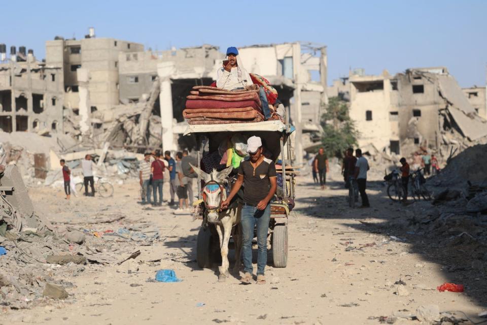 A Palestinian man leads a donkey cart past the destroyed buildings and rubble after the Israeli military withdrew from the Shujaiya neighbourhood, east of Gaza City (AFP via Getty Images)