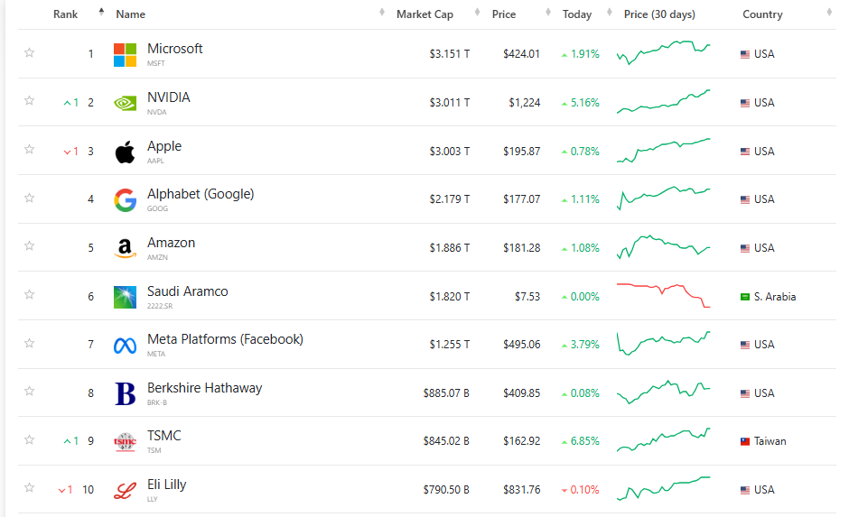 全球前十大市值企業排行榜，輝達躍升全球第二大市值公司。圖/翻攝自市值排行榜網站