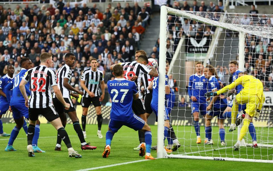 Newcastle United's Bruno Guimaraes misses from about two inches. - Action Images via Reuters