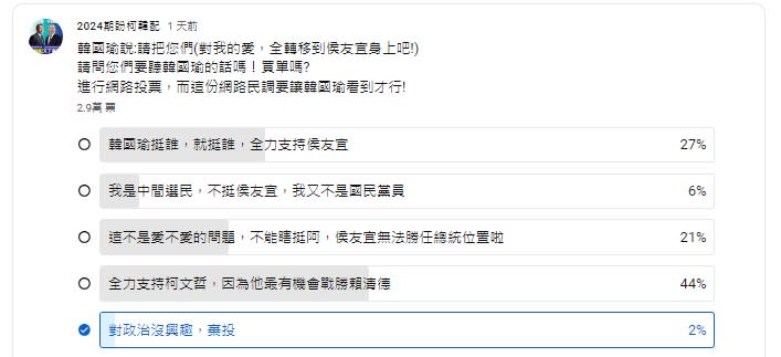 最新民調曝光。（圖／翻攝《2024期盼柯韓配》YouTube）