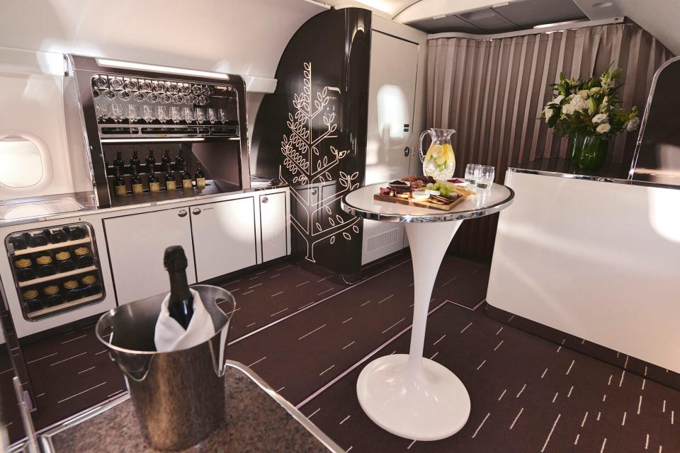 The 'Lounge in the Sky' social-gathering space on board Four Seasons' Airbus A321LR.