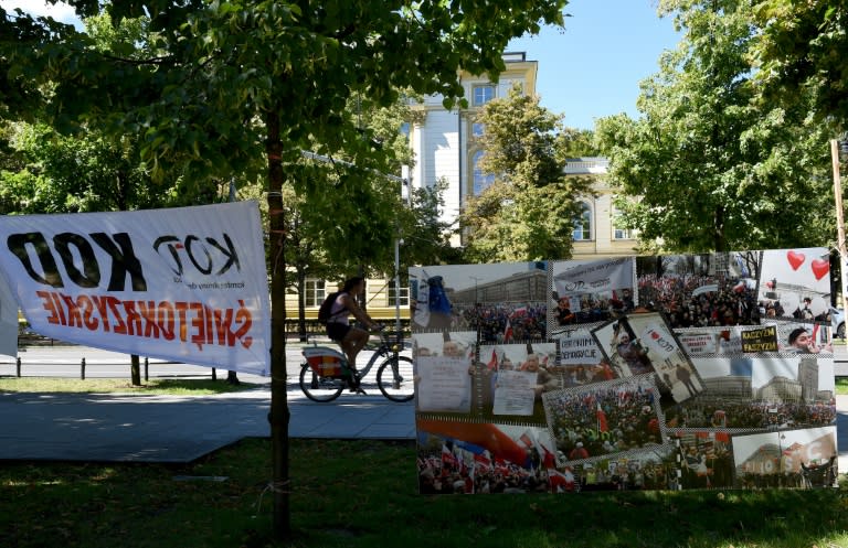 A billboard at a protest camp across the street from the prime minister's chancellery in Warsaw is seen on July 21, 2016