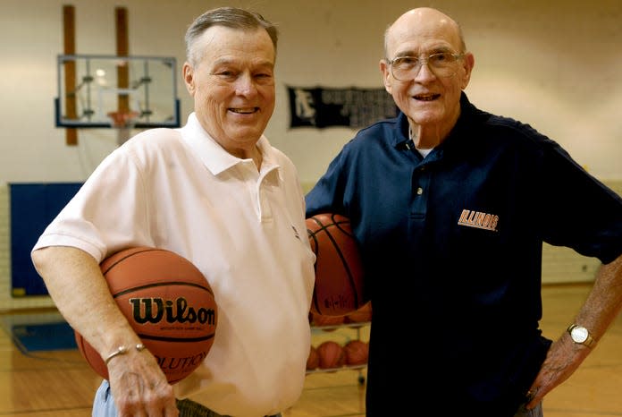 Bob, left, and Bill Morgan, in the Churchill Junior High School gymnasium.