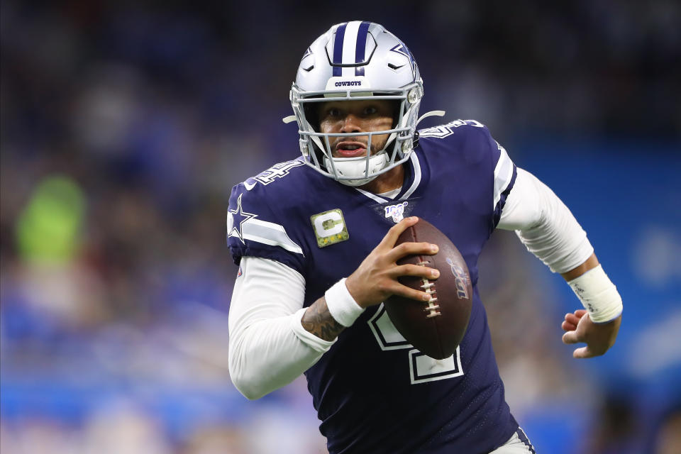 DETROIT, MI - NOVEMBER 17: Dak Prescott #4 of the Dallas Cowboys runs the ball for the first down in the third quarter against the Detroit Lions at Ford Field on November 17, 2019 in Detroit, Michigan. (Photo by Rey Del Rio/Getty Images)