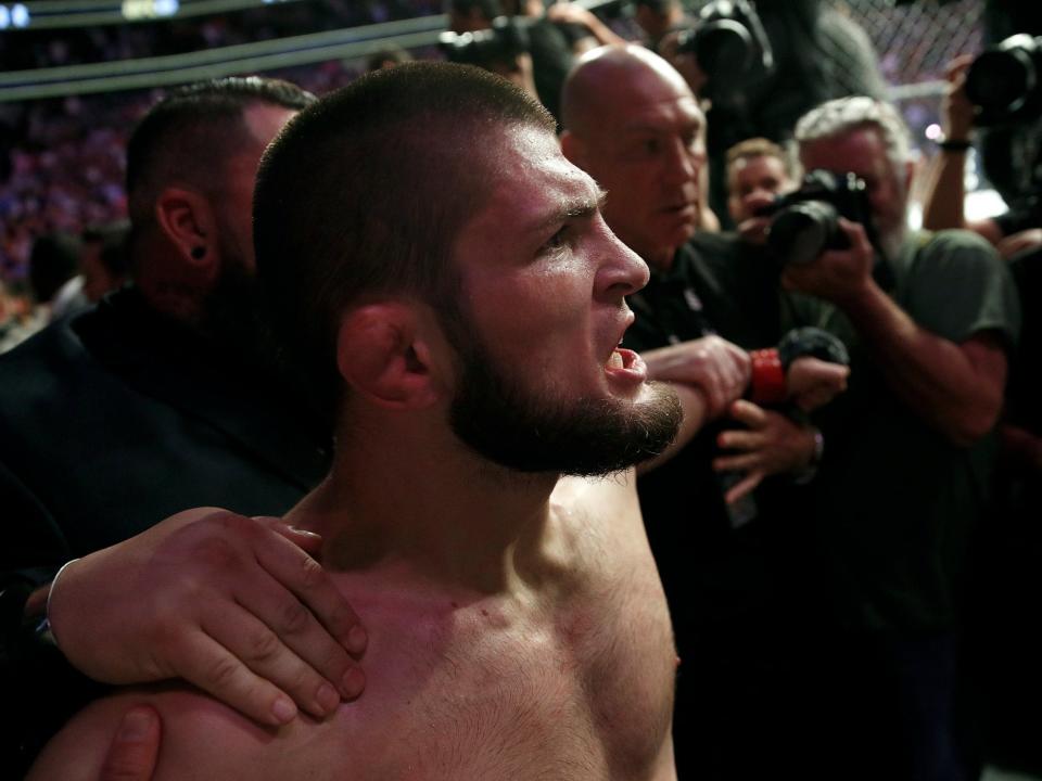 Khabib Nurmagomedov is held back outside of the cage after beating Conor McGregor at UFC 229AP