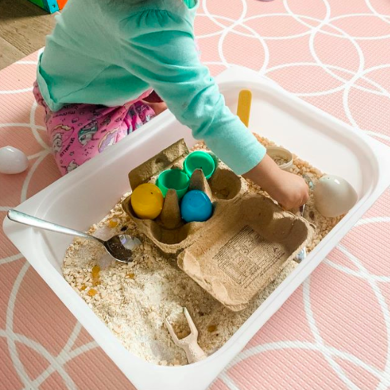 <p>@simply_play_with_mummy</p><p>Fill plastic eggs with porridge oats for interactive play that lasts hours!</p><p>From Instagram user <a href="https://www.instagram.com/p/B9Gz-iXFs3F/?igshid=1070az7a192ft" rel="nofollow noopener" target="_blank" data-ylk="slk:@simply_play_with_mummy;elm:context_link;itc:0;sec:content-canvas" class="link ">@simply_play_with_mummy</a>.</p>