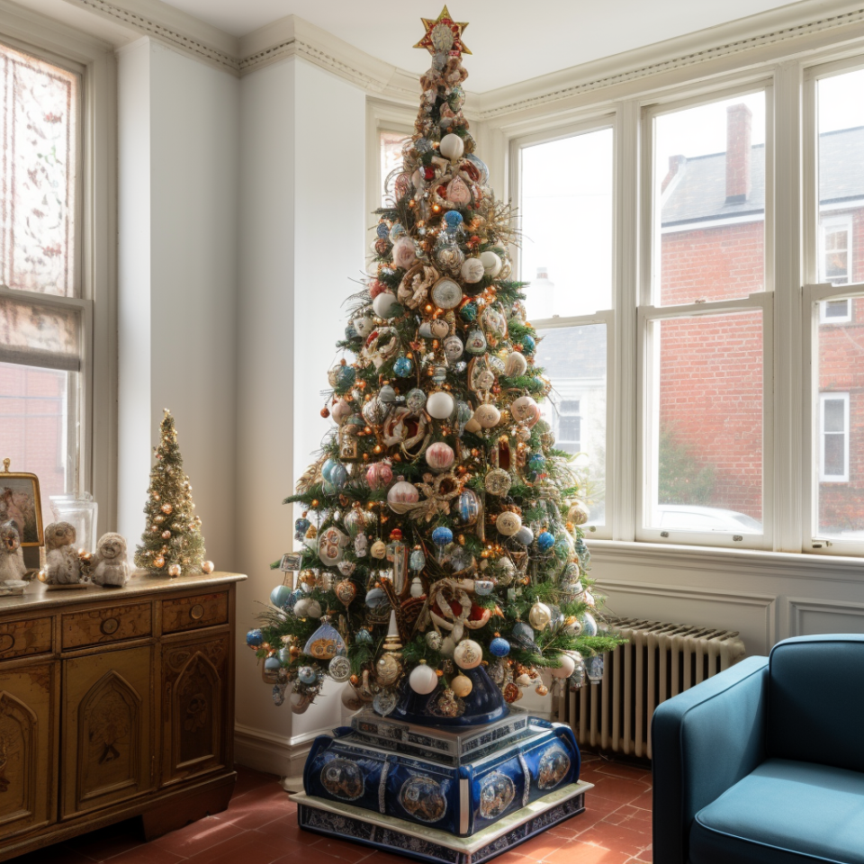 A Christmas tree with a large, ornate stand in the corner of a living room near a radiator that's full of various ornaments with a small star on top