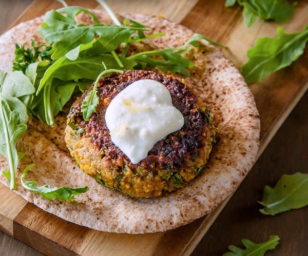 Spiced Millet Chickpea Burgers with Preserved Lemon Yoghurt