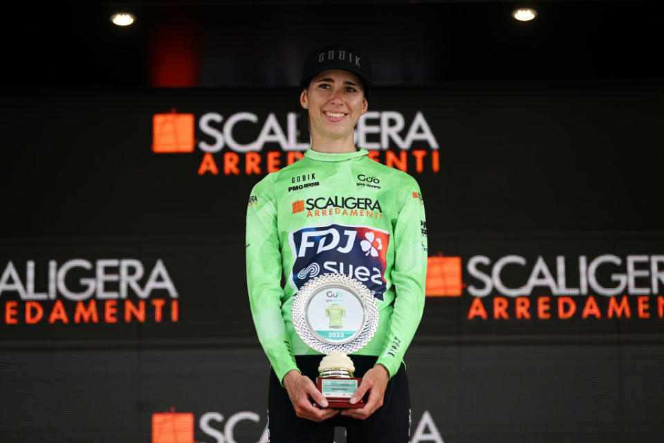 MODENA ITALY  JULY 02 Marta Cavalli of Italy and Team FDJ  Suez  Green Mountain Jersey celebrates at podium during the 34th Giro dItalia Donne 2023 Stage 3 a 1182km stage from Formigine to Modena  UCIWWT  on July 02 2023 in Modena Italy Photo by Dario BelingheriGetty Images