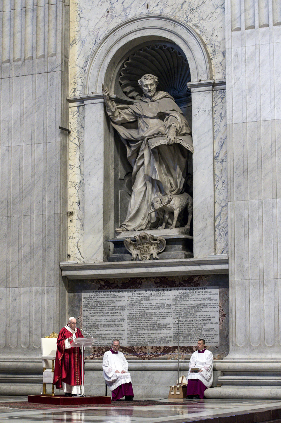 Pope Francis celebrates Mass during the Solemnity of Saints Peter and Paul, in St. Peter's Basilica at the Vatican, Monday, June 29, 2020. Francis also blessed the Pallia for the metropolitan archbishops appointed during the year. (Angelo Carconi/Pool Photo via AP)