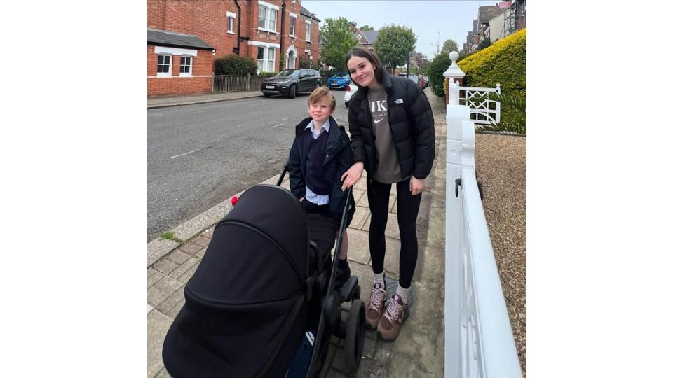 Holly Ramsay and brother Oscar push baby Jesse in his pram