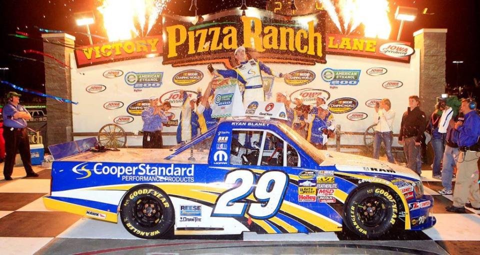 Ryan Blaney celebrates at Iowa Speedway in 2012