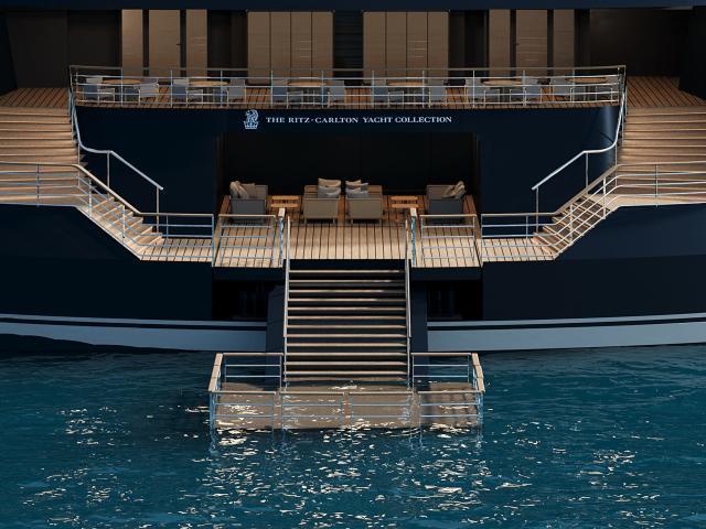A rendering of the Ritz-Carlton Yacht Collection's Ilma cruise vessel's rear marina.
