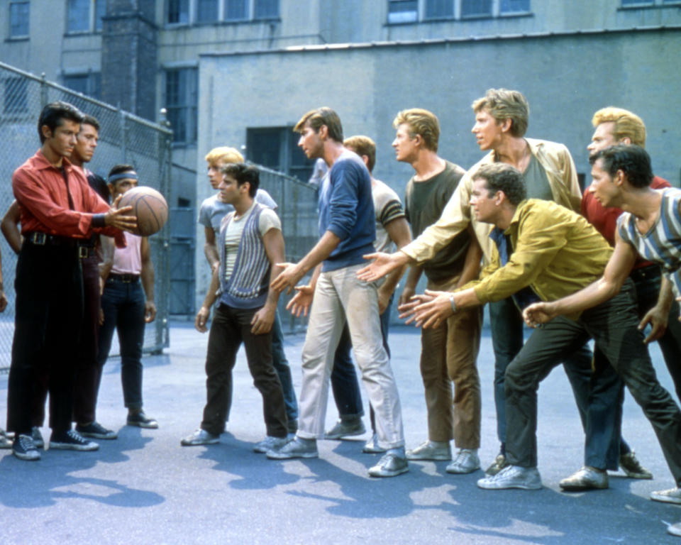 Actors George Chakiris, Tony Mordente, Tucker Smith and Russ Tamblyn in a scene from the musical film 'West Side Story', 1961.  (Photo by Silver Screen Collection/Getty Images)